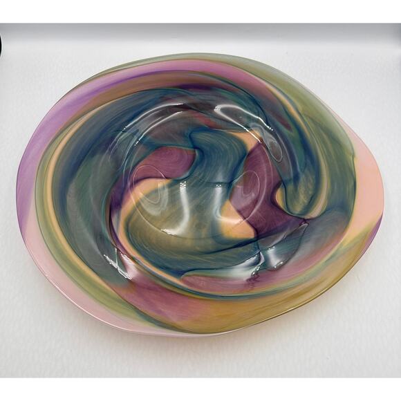 Geometric Design Hand-Crafted Studio Art Glass Bowl Platter Centerpiece Signed